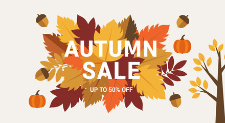 Autumn Sale banner design with colorful fall leaves pumpkins and acorns Seasonal promotion background