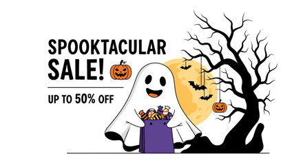 Spooktacular Sale Cute ghost offers 50 off Halloween discount