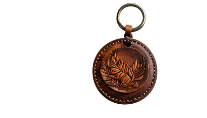 Embossed leather keychain featuring two leafy sprigs