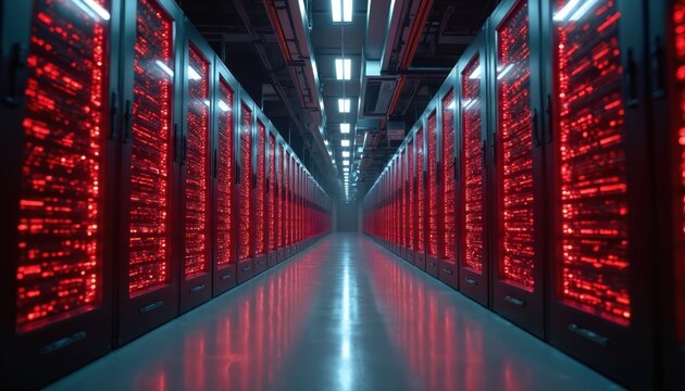 Rows of servers with red blinking lights stretch down a data center aisle. Computing hardware in racks processes information, creating a digital environment with advanced tech.