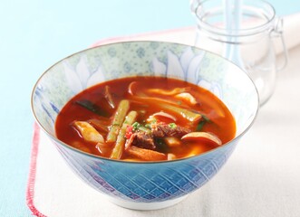 Mushroom yukgaejang made by master chef Hanshunseop, a Korean spicy soup with deep flavor, tender mushrooms, and savory broth. Photographed in Korea.
