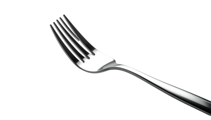 Shiny fork, four tines, metal, gleaming against a dark background