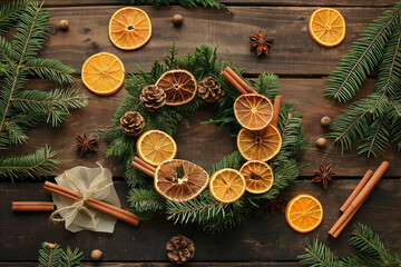 Natural Christmas wreath with dried orange slices, cinnamon sticks, and pine branches