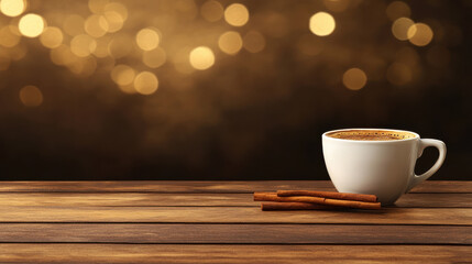 Obraz premium Cup of hot coffee with cinnamon sticks on wooden table with warm bokeh background creating cozy atmosphere
