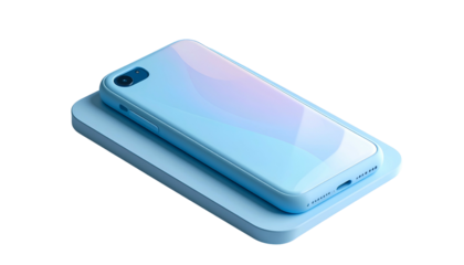 Blue phone on matching wireless charger, isometric, black background