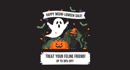 Happy Meowloween Sale banner graphic with ghost witch cat and jackolantern