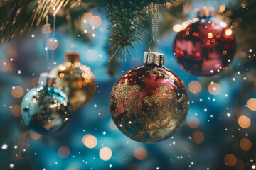 Classic Christmas baubles with bokeh lights and holiday sparkle