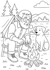 coloring book father camping with puppy near campfire