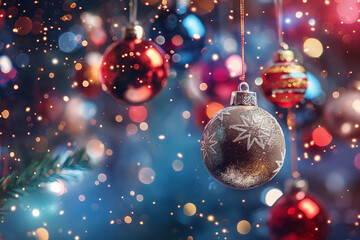 Classic Christmas baubles with bokeh lights and holiday sparkle