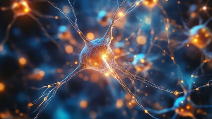 A detailed view of neurons with glowing orange and blue lights in a dark blue background scene
