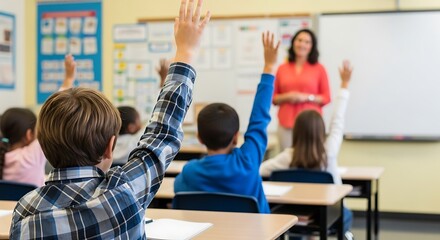 Students Raise Hands in Classroom with Teacher