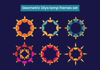 Set of six colorful, abstract geometric frames and mandala designs featuring diya lamp elements, perfect for Diwali festival text borders and decoration.