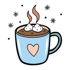 Cute cartoon hot chocolate mug with marshmallows and steam isolated on white background