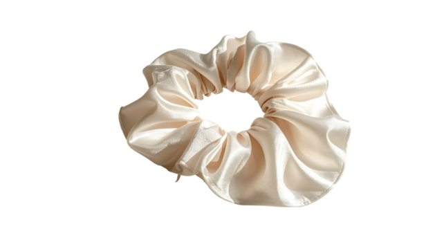 Creamy fabric hair tie with gathered texture on dark background