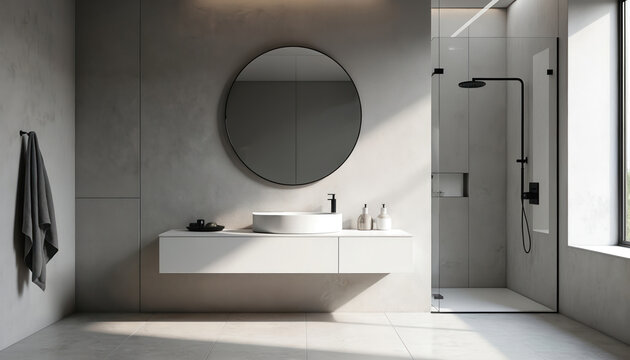 Modern minimalist bathroom interior design features large round mirror. White floating vanity with bowl sink, stylish black faucet. Glass shower cabin black matte fixtures. Grey wall tile, light