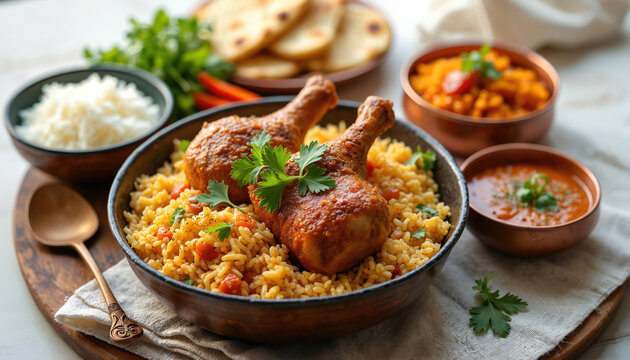 Chicken biryani dish. Indian non veg meal with roti chill and vegetable. Rice with sauce and chicken leg pieces. Traditional food at the table.