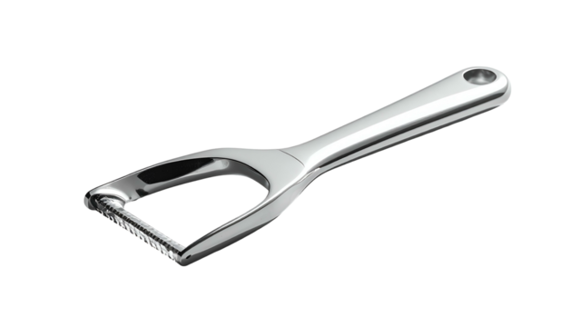 Shiny metal vegetable peeler with ergonomic handle on black