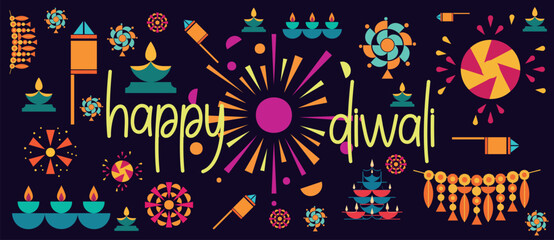 Set of colorful, modern Diwali festival graphic elements, including fireworks, diya lamps, decorative patterns, and the "Happy Diwali" text for easy customization.