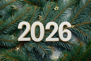 White wooden 2026 numbers on fir tree branches, New Year minimal holiday concept