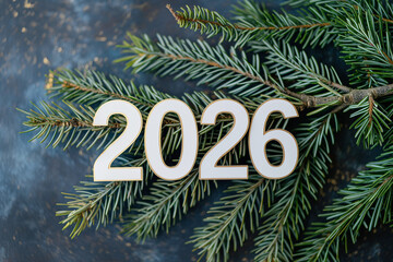 White wooden 2026 numbers on fir tree branches, New Year minimal holiday concept