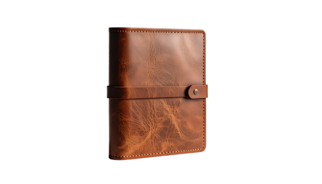Brown leather journal with a strap on a black background