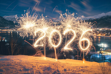Sparkler fireworks writing 2026 above winter snowy town at night – New Year celebration in the mountains