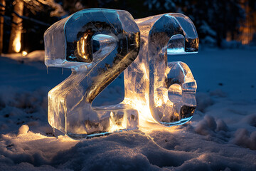 Ice sculpture number 26 glowing in the snow at night