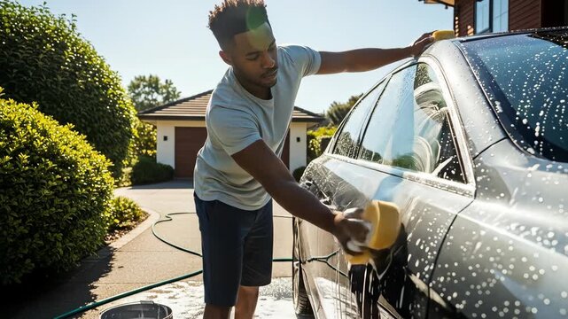 A person washes a car outside on a sunny day with soapy water and a sponge
