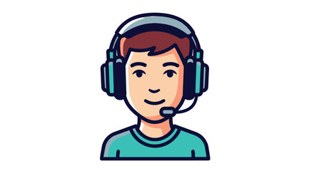 Cartoon young man wearing gaming headset with microphone.
