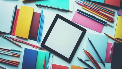 Colorful stationery and a tablet arranged for creative work. - Powered by Adobe