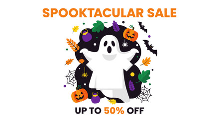 Halloween Spooktacular Sale banner with ghost pumpkins and autumn leaves illustration