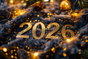 Golden 2026 new year celebration with fairy lights and festive background