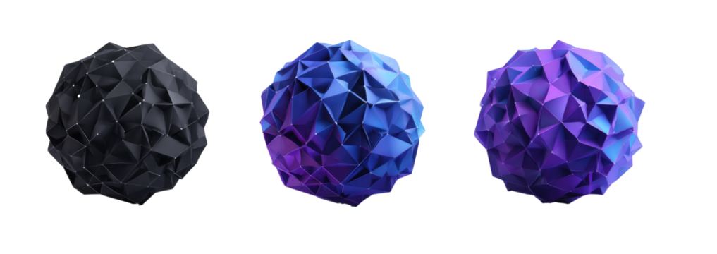 Three abstract, polygon-based spheres in shades of dark gray and purple