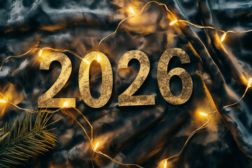 Golden 2026 new year celebration with fairy lights and festive background