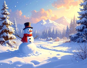 Obraz premium A whimsical winter scene with a cheerful snowman in a top hat, framed by snow-covered pines, mountains, and a peaceful, snowy landscape