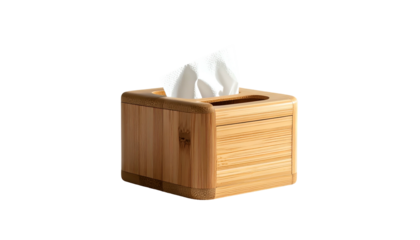 Tissue box made of wood, with white tissue sticking out