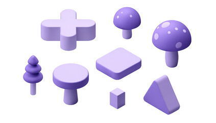 Assorted 3D isometric shapes, light purple, simple forms