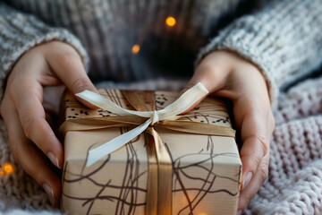 Warm cozy gift wrapped in handmade paper and ribbon, held in winter hands