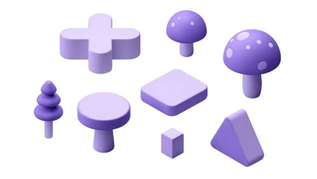 Assorted 3D isometric shapes, light purple, simple forms