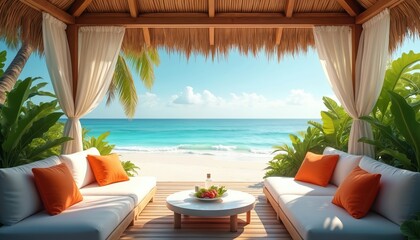 Obraz premium Oceanfront cabana with white sofas, orange pillows, and a coffee table offers a peaceful spot. Rich green plants surround the area, framing a view of calm turquoise waves and a bright blue sky.
