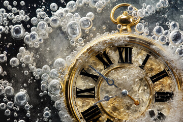 Antique clock face covered with snow and glitter, symbolizing New Year countdown