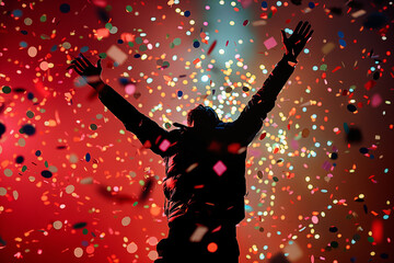 Joyful silhouette jumping amid confetti explosion on colorful sky background