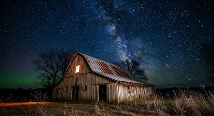 Rustic barn under starry night sky with the milky way visible