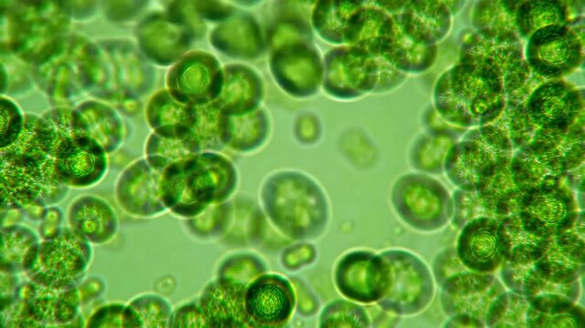 Microscopic view of vibrant green Chlorella algae cells showcasing their spherical shape and photosynthetic activity ideal for scientific and environmental projects.