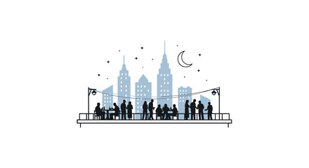 Fototapeta premium Rooftop Gathering with City Skyline at Night Minimalist Illustration.