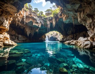 Scenic underwater cave with crystal blue water, sky view