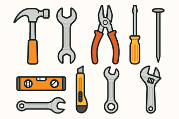 set of funny cartoon fruits and cute tools, icon, vector, set, icons, web, symbol, design, illustration, sign, flat