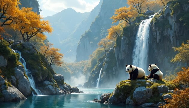 Two pandas sit near lake with mountain waterfall backdrop. Golden foliage trees grow on rocky cliffs. Calm waters flow into misty river. Panda bears relax on vacation.