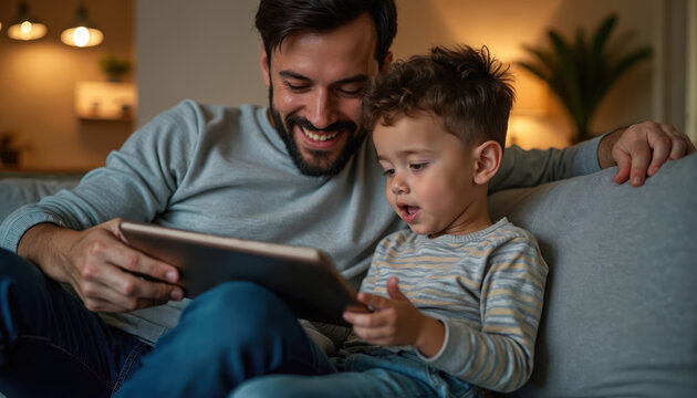 Father shows young son how to use tablet. Both are sitting on sofa at home. Dad and kid have fun watching something on the device. Happy family moments.