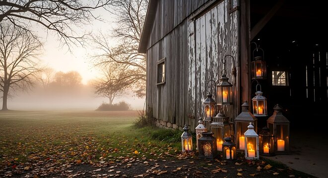 Rustic barn with glowing lanterns creates warm ambiance in misty landscape